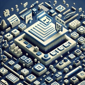 3D voxel art depicting the concept of online design system surveys on a dark blue background.