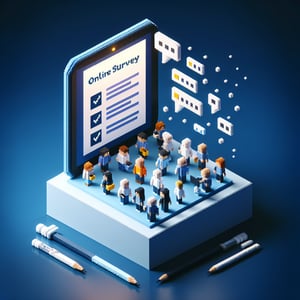 3D voxel art depicting online surveys concept, set against a dark blue background, post team building event.