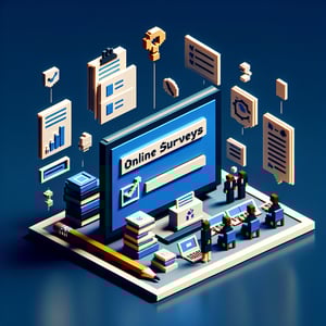 3D voxel art depicting online academic performance surveys on a dark blue background.