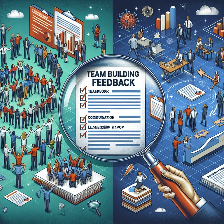 Illustration showcasing relevant topics in Team Building Feedback survey questions.