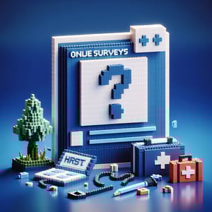 3D voxel art depicting online first aid survey concept on a dark blue background.