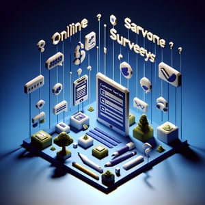 3D voxel art depicting online customer satisfaction survey process on a dark blue background.