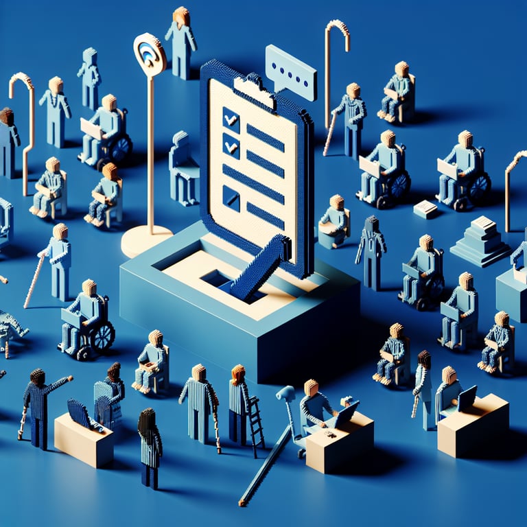 3D voxel art depicting online surveys, symbolizing accessibility and disability instructor surveys.