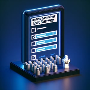 3D voxel art illustrating the concept of online seminar exit surveys on a dark blue background.