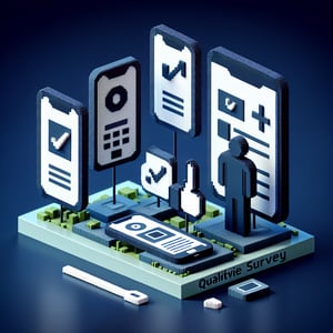 3D voxel art depicting online smartphone surveys on a dark blue background.
