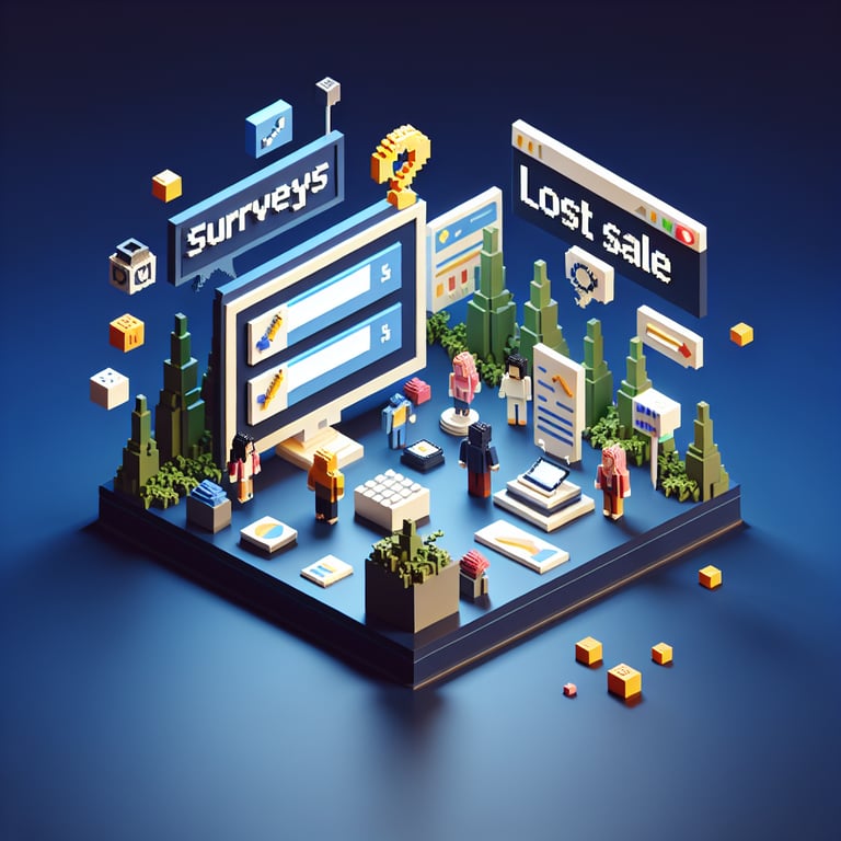 3D voxel art depicting online surveys, symbolizing lost sale survey questions on a dark blue background.