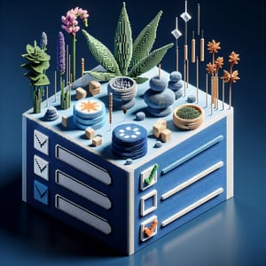 3D voxel art depicting online alternative medicine surveys on a dark blue background.
