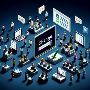 3D voxel art illustrating the concept of online change adoption surveys on a dark blue background.