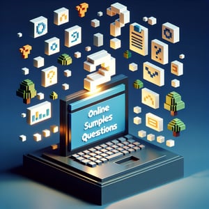 3D voxel art depicting the concept of online surveys and questions on a dark blue background.