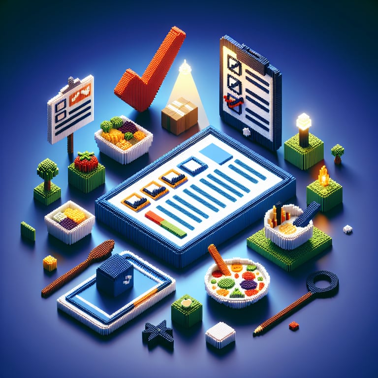 3D voxel art depicting online surveys, dark blue background, symbolizing restaurant opening survey questions.