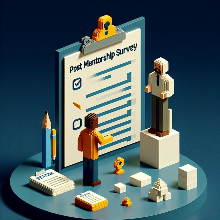 3D voxel art representing online post-mentorship surveys on a dark blue background.