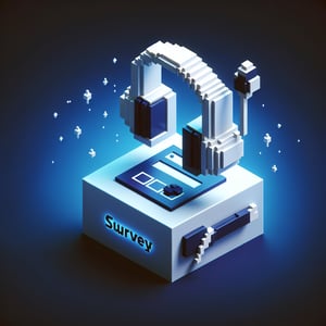 3D voxel art depicting online call center surveys, with engaging elements on a dark blue background.
