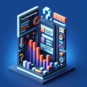 3D voxel art depicting online post-event survey concept on a dark blue background.