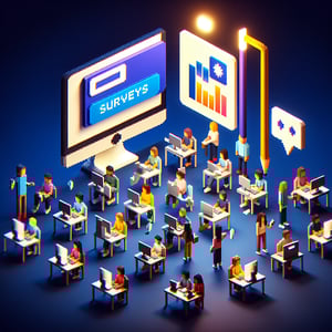3D voxel art depicting online surveys, set against a dark blue background, for aaahc survey page.