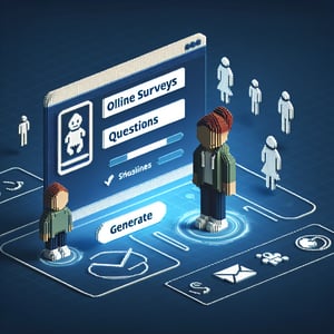 3D voxel art depicting online child health surveys, featuring dark blue background.
