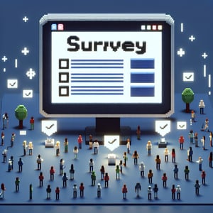 3D voxel art depicting the concept of online post fundraising event surveys on a dark blue background.