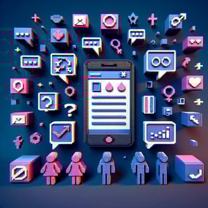 3D voxel art depicting online gender survey with a dark blue background.