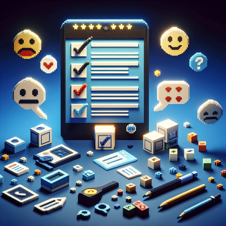 3D voxel art depicting online customer satisfaction surveys on a dark blue background.