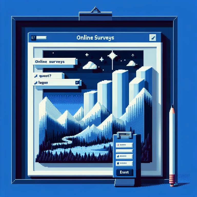 3D voxel art of online exit survey symbols on a dark blue background.