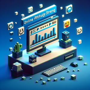 3D voxel art depicting online surveys, symbolizing attitude strength survey questions on a dark blue background.