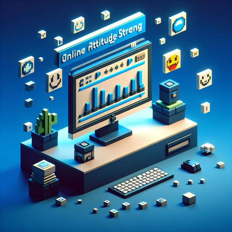 3D voxel art depicting online surveys, symbolizing attitude strength survey questions on a dark blue background.