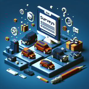 3D voxel art depicting online surveys with luxury cars on a dark blue background.