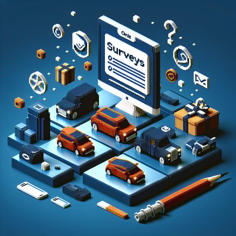 3D voxel art depicting online surveys with luxury cars on a dark blue background.