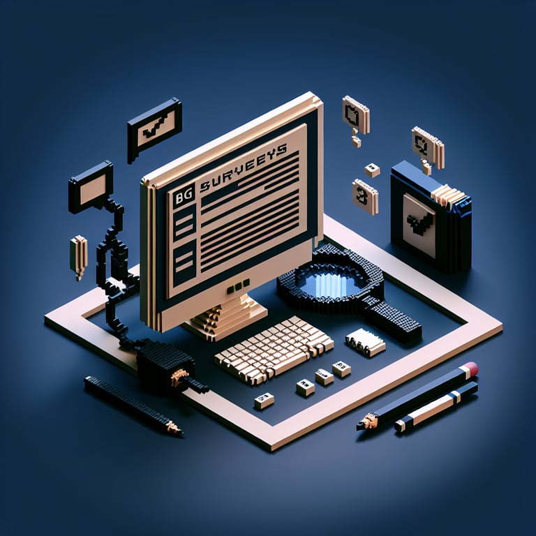 3D voxel art illustrating the concept of online blog surveys on a dark blue background.