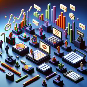3D voxel art depicting online management surveys against a dark blue background.