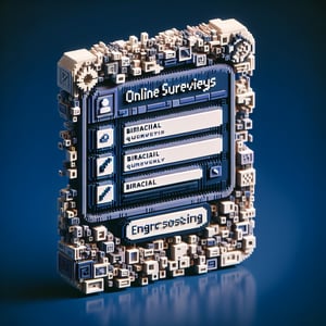 3D voxel art depicting the concept of online biracial identity surveys on a dark blue background.