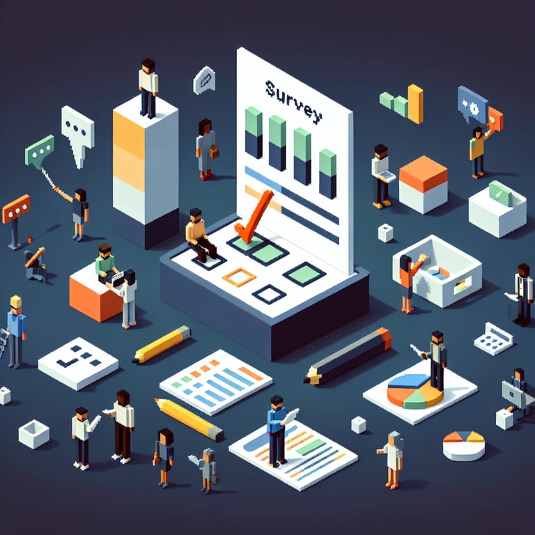 Artistic 3D voxel illustrating staff engagement and feedback gathering