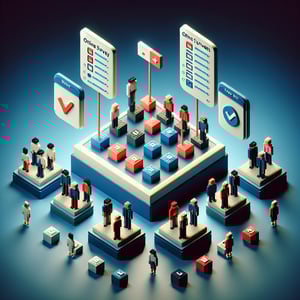 3D voxel art depicting online surveys with elements representing male and female respondents on a dark blue background.
