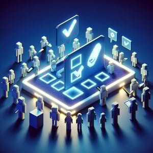 3D voxel art depicting the concept of online surveys, with a dark blue background.