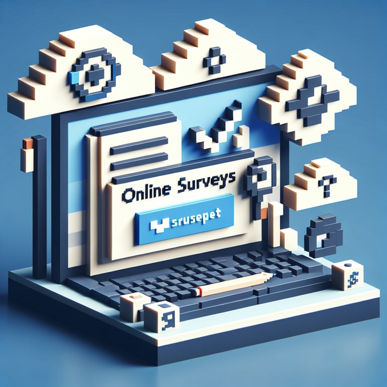 3D voxel art showcasing online product surveys, featuring engaging elements on a dark blue background.