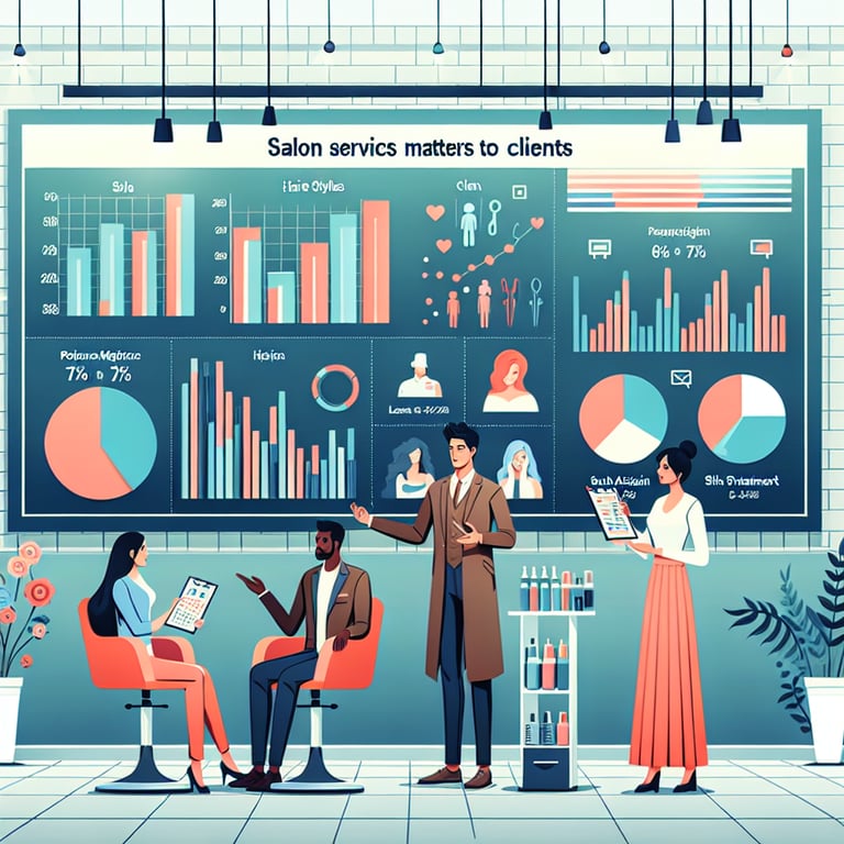 Illustration depicting salon survey questions focused on client preferences and needs.