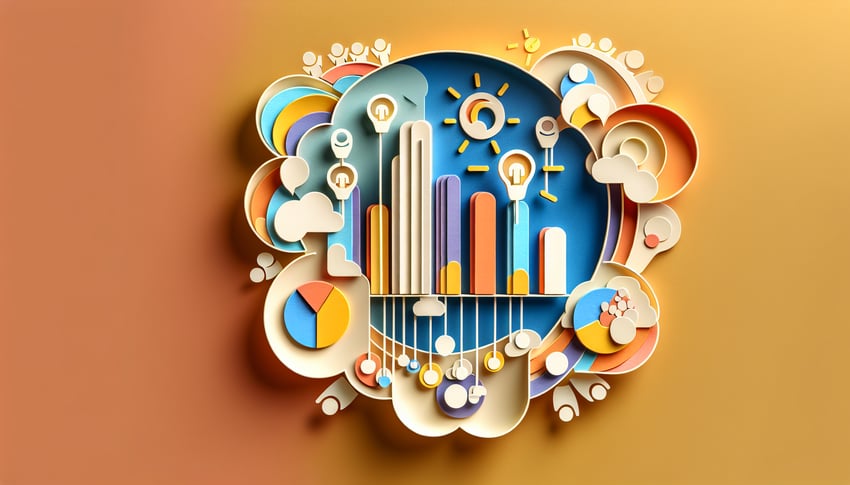 Paper-cut illustration showcasing diverse LinkedIn poll ideas in vibrant colors to inspire engagement and authority.