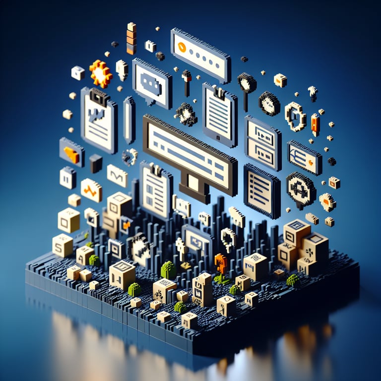 3D voxel art depicting online survey concept on a dark blue background for IT surveys.