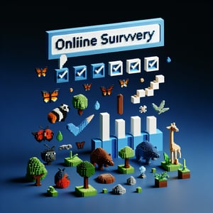 3D voxel art depicting online biodiversity survey process on a dark blue background.