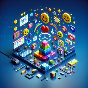 3D voxel art depicting the concept of online happiness surveys on a dark blue background.