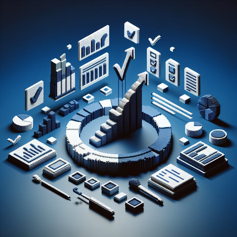 3D voxel art depicting a pixelated questionnaire embodying brand recognition and awareness metrics