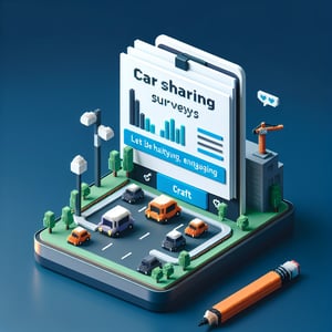3D voxel art depicting an online car sharing survey on a dark blue background.
