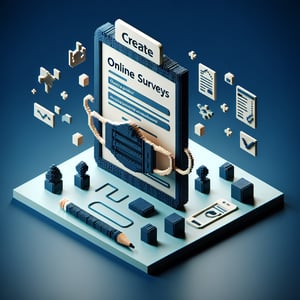 3D voxel art depicting online face mask survey concept on a dark blue background.