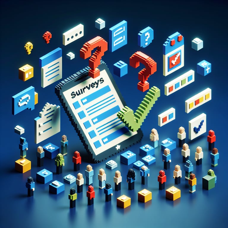 3D voxel art depicting online surveys, set against a dark blue background, symbolizing post-event survey questions.
