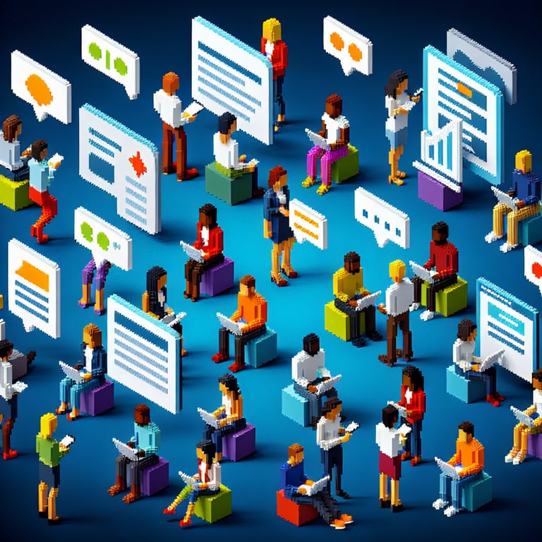 3D voxel art depicting the concept of online diversity employee surveys on a dark blue background.