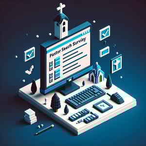 3D voxel art depicting online surveys, symbolizing pastor search survey questions on a dark blue background.