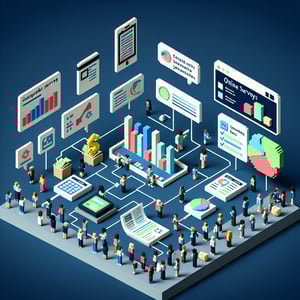 3D voxel art depicting online financial literacy surveys on a dark blue background.