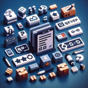 3D voxel art depicting the concept of online product feedback surveys on a dark blue background.