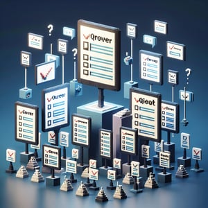 3D voxel art depicting online surveys with a dark blue background, symbolizing training feedback survey questions.