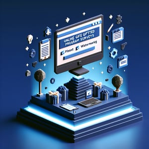 3D voxel art depicting the concept of online surveys for gifted programs on a dark blue background.