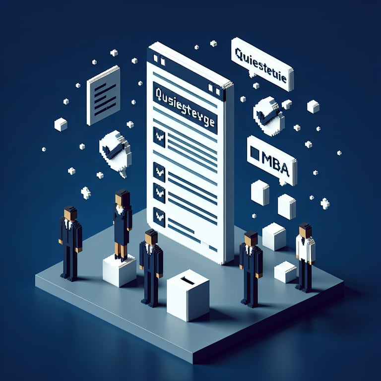 3D voxel art depicting online MBA surveys with engaging elements on a dark blue background.